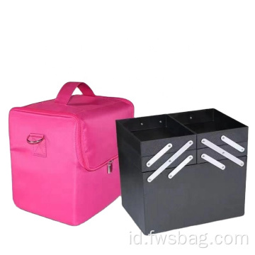 Logo Kustom Waterproof kamar mandi Case Makeup Multi-Layer Double Opening Makeup Bag Brush Organizer Boxes Tas Kosmetik Dengan Pegangan